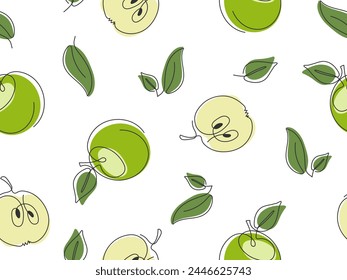 Line drawn apples seamless pattern. Green fresh natural organic fruit. Simple modern illustration. Pattern for packaging design, wallpaper, cover, fabric print