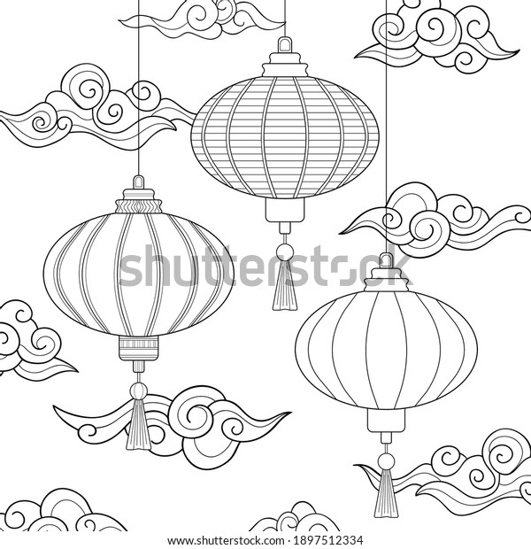 Line drawn Asian lanterns with simple geometric\
patterns, decorative clouds and sky on white isolate background.\
For coloring book pages.