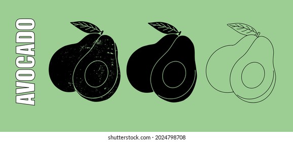 Line drawn avocado. Set. Vector.
