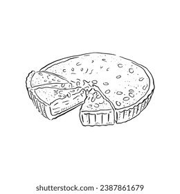 A line drawn Bakewell Tart with some slices cut out. A pastry dessert sketch drawn by hand.