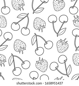 Line drawn berries pattern with cherries and strawberries on white background