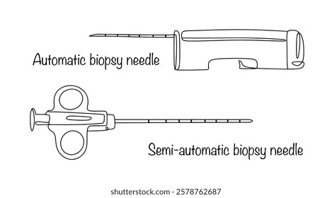 Line drawn biopsy needles. A medical instrument for taking a high-quality tissue column from internal organs for histological examination. Isolated medical vector on white background.