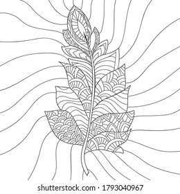 Line drawn bird feather with simple pattern on white isolated background. For coloring book pages.