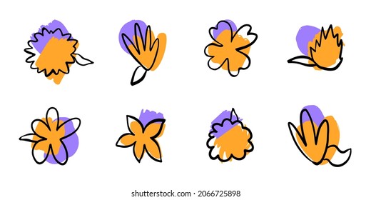 Line drawn black flowers with colored abstract elements. Abstract shapes and flowers.Hand drawn Vector Set.