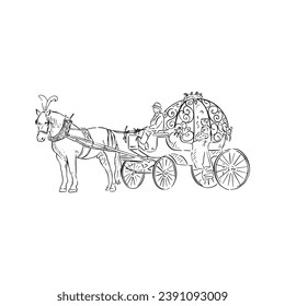 Una línea dibujada en blanco y negro ilustración de un caballo y un carro. Un método de transporte para llegar a una boda! Mano dibujada en blanco y negro.