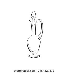 A line drawn black and white illustration of a glass perfume or potion bottle, shaded using lines and drawn in a sketchy style.