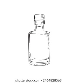 A line drawn black and white illustration of a glass perfume or potion bottle, shaded using lines and drawn in a sketchy style.