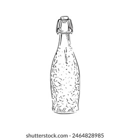 A line drawn black and white illustration of a glass drinks bottle, shaded using lines and drawn in a sketchy style.