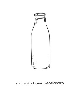 A line drawn black and white illustration of a classic glass milk bottle, shaded using lines and drawn in a sketchy style.