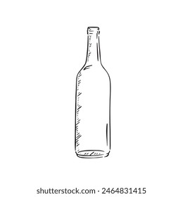 A line drawn black and white illustration of a glass bottle, shaded using lines and drawn in a sketchy style.