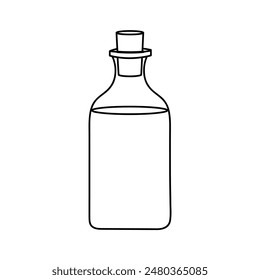 A line drawn black and white illustration of a glass perfume or oil bottle, vector , simple clip art 