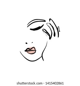 Line drawn black and white trendy face silhouette. Abstract contour. Print for clothes, textile and other. Vector EPS