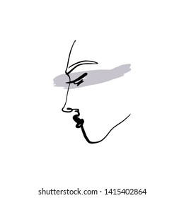 Line drawn black and white trendy face silhouette. Abstract contour. Print for clothes, textile and other. Vector EPS