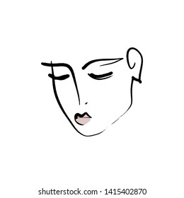 Line drawn black and white trendy face silhouette. Abstract contour. Print for clothes, textile and other. Vector EPS