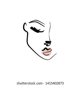 Line drawn black and white trendy face silhouette. Abstract contour. Print for clothes, textile and other. Vector EPS