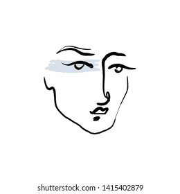 Line drawn black and white trendy face silhouette. Abstract contour. Print for clothes, textile and other. Vector EPS