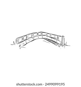 Un puente trazado en línea en blanco y negro. Un pequeño puente lindo en un estilo de bosquejo del bosque. Doodle sobre un río.