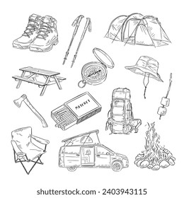 Un grupo de 13 ilustraciones de aventuras y camping con motivos en blanco y negro. Las ilustraciones se crean a mano en un estilo esquemático y vectorizadas.