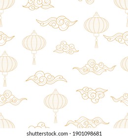 Line drawn Chinese lanterns and decorative clouds on a white background. Seamless flat pattern. Suitable for wallpaper, packaging.