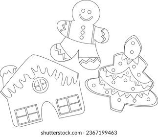 Página de coloreado de galletas de Navidad dibujadas en línea. Ilustración vectorial. Esbozo de mano libre para la página del libro anti estrés coloreado con doodle