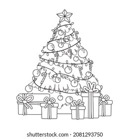 Line drawn christmas tree. Vector illustration. Isolated outline for coloring book.