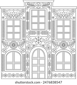 Line drawn classical hispanic house, decorated with floral ornaments. Vector illustration. Use for coloring book, embroidery, wall art