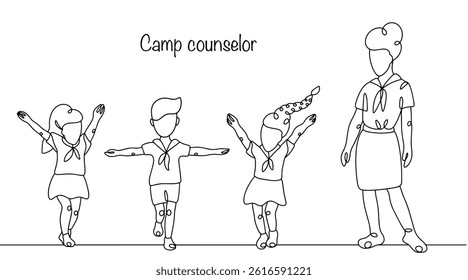 Line drawn counselor and happy children near her. Woman who works with children, organizes leisure, monitors safety and helps with learning and socialization. Simple black and white vector.