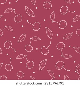 Line drawn doodle cherries with leaves and dots on red-pink background. Seamless summer cute pattern. Suit for packaging, wrapping paper, textile.