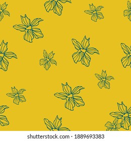 Liniengezeichnete Doodle-Blumen auf hellgelbem Hintergrund. Nahtloses sommerliches süßes Muster. Gut verpackt