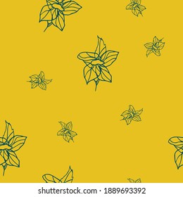 Line drawn doodle flowers on bright yellow background. Seamless summer cute pattern. Good for packaging