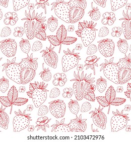 Line drawn doodle strawberries on white background. Seamless summer cute pattern. Good for packaging.