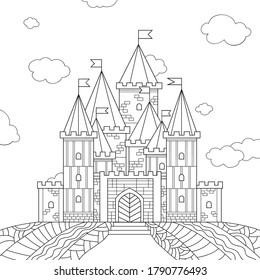 Line drawn fantasy castle with simple stone pattern. Towers with flags and small windows, sky, field, clouds. Illustration on white isolated background. For coloring book pages.