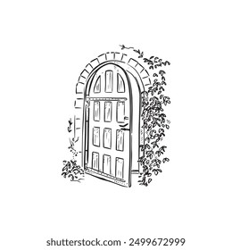 Una línea dibujada puerta de jardín. Puerta secreta del jardín en línea blanca y negra dibujada. Vector, hiedra, follaje, jardín. Dibujado a mano.