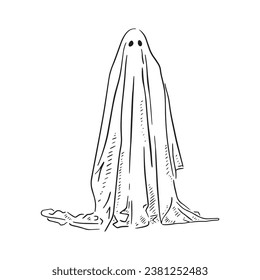 A line drawn ghost (or human in a sheet!) with eyes and a puddling of fabric at the bottom. Line shading use and hand drawn sketch style.