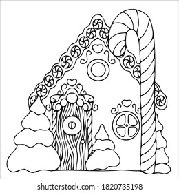 line drawn gingerbread houses, cookies, Christmas sweets and treats, gingerbread house shaped gingerbread cookies with decorations, fairy tale houses coloring book. Vector illustration