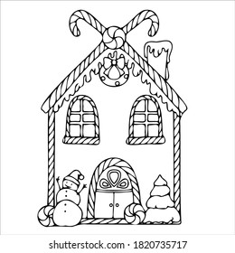 line drawn gingerbread houses, cookies, Christmas sweets and treats, gingerbread house shaped gingerbread cookies with decorations, fairy tale houses coloring book. Vector illustration