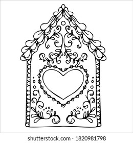 line drawn gingerbread houses, cookies, Christmas sweets and treats, gingerbread house shaped gingerbread cookies with decorations, fairy tale houses coloring book. Vector illustration
