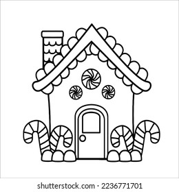 line drawn gingerbread houses, cookies, Christmas sweets and treats, gingerbread house shaped gingerbread cookies with decorations, fairy tale houses coloring book. Vector illustration