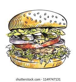 Line drawn hamburger with a color substrate