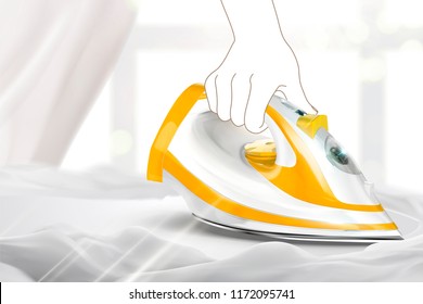 Line drawn hand holding a realistic iron and is ironing chiffon in 3d illustration, cozy white interior scene
