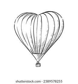 A line drawn heart shaped hot air balloon with decorative elements. Black and white line drawing by hand via Procreate and using an Apple Pencil. 