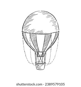 A line drawn hot air balloon with decorative elements such as rope around the edge. Black and white line drawing by hand via Procreate and using an Apple Pencil. 