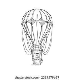 A line drawn hot air balloon with decorative elements. Black and white line drawing by hand via Procreate and using an Apple Pencil. 