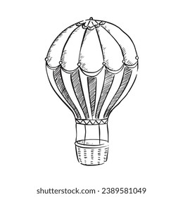 A line drawn hot air balloon with decorative elements. Black and white line drawing by hand via Procreate and using an Apple Pencil. 