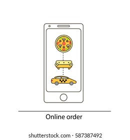 Line Drawn Icon And Concept of Mobile app for ordering taxi, pizza and furniture