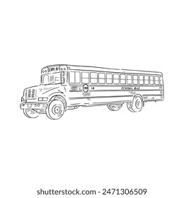A line drawn illustration of an American school bus in black and white sketchy style. Drawn by hand.	