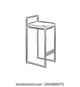 Una línea dibujada ilustración de una silla de taburete de bar en blanco y negro. Dibujado a mano en un estilo esquemático y vectorizado para una variedad de usos.