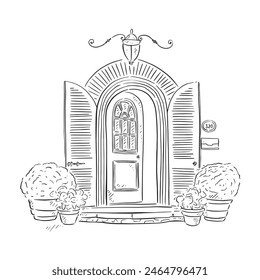 Una línea dibujada ilustración de una hermosa puerta delantera de castillos en un estilo de boceto en blanco y negro. Acabado con arbustos en macetas a ambos lados de la puerta. Vectorizado para una variedad de usos.	