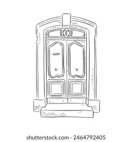 A line drawn illustration of a beautiful French style front door in a black and white sketch style. Vectorised for a variety of uses.	