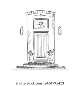 A line drawn illustration of a beautiful front door in a black and white sketch style. Finished with lavender in pots either side of the door. Vectorised for a variety of uses.	